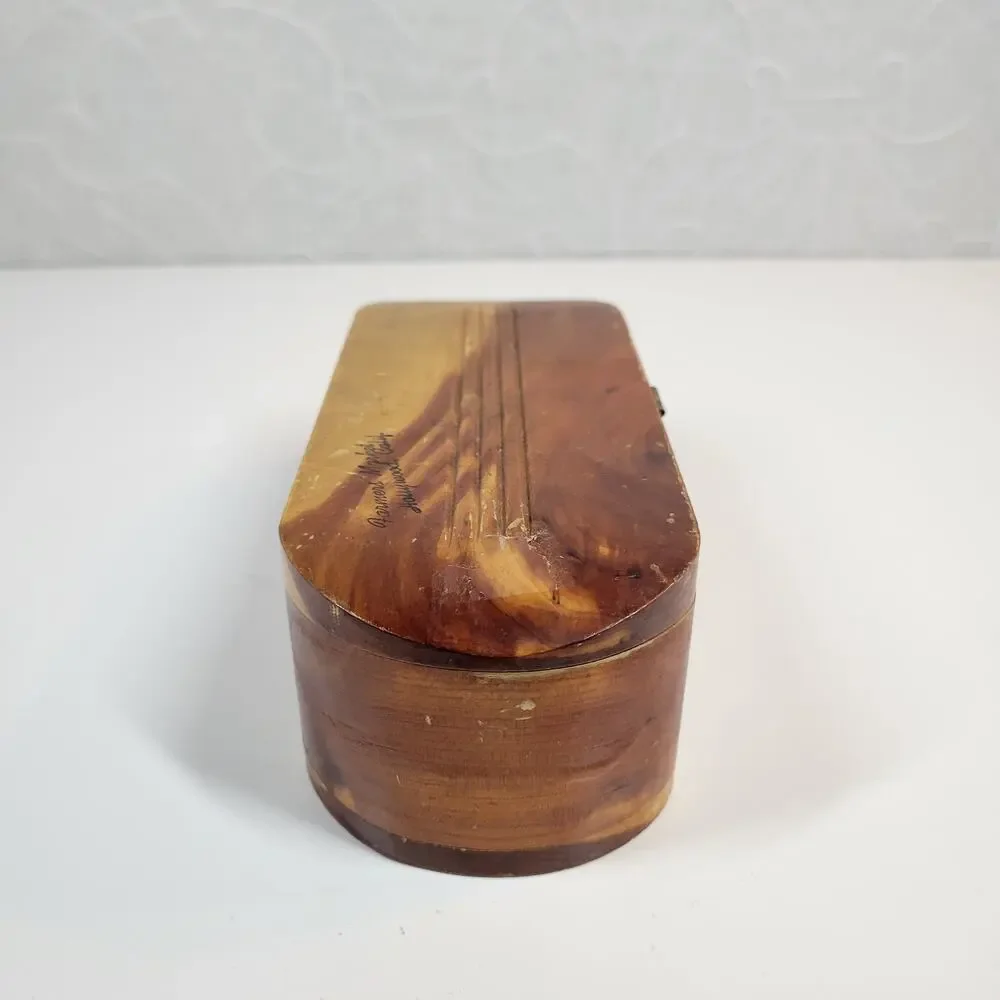 Vintage Mango Wood Box Two Tone Brown Trinket Jewelry Hinged Closure Hollywood